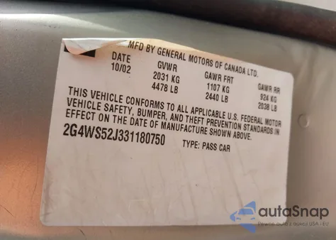 2003 Buick Century Custom z USA, uszkodzony, nr VIN 2G4WS52J331180750